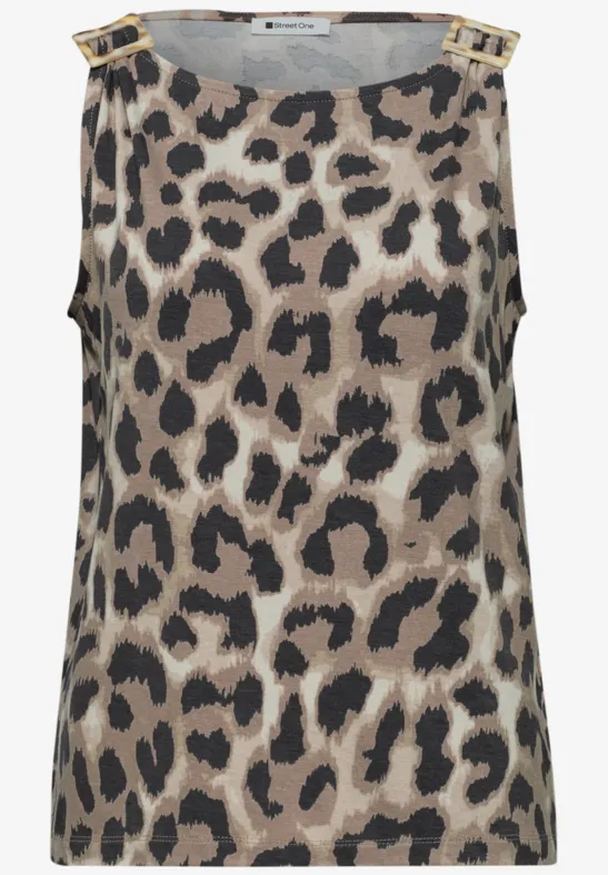 Top sans manches pour femme à imprimé léopard beige et noir, finitions chaînes dorées aux épaules.