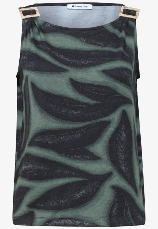 Mouwloos top in groen met abstract zwart patroon