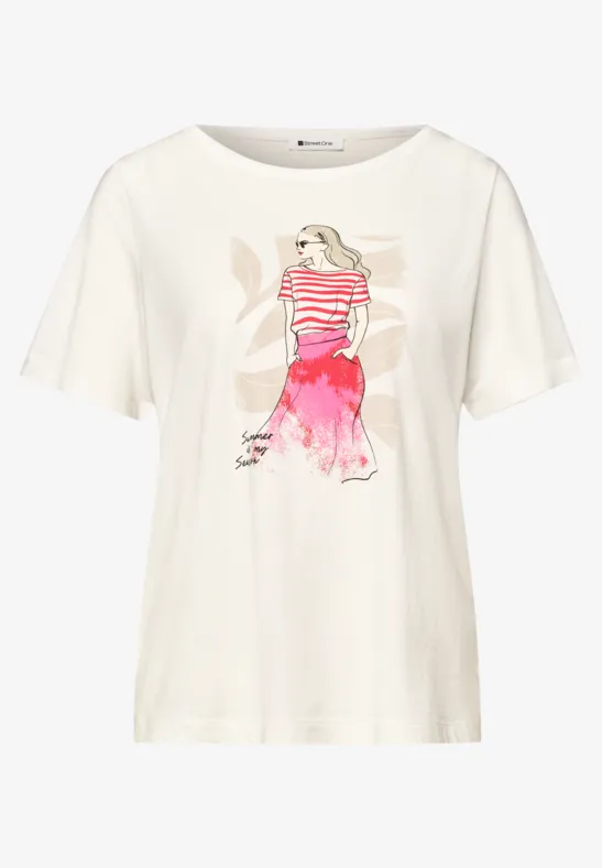 Weißes T-Shirt mit Illustration einer Frau in gestreiftem Oberteil und pinkem Rock