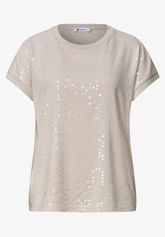 Beige T-shirt met korte mouwen, ronde hals en pailletten voor een casual look.