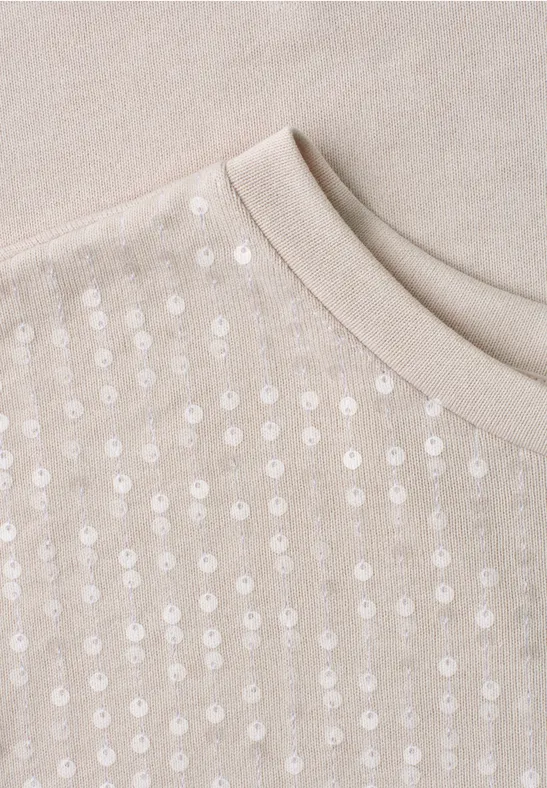Beige pullover met ronde hals en glinsterende pailletten in rijen op de voorkant.