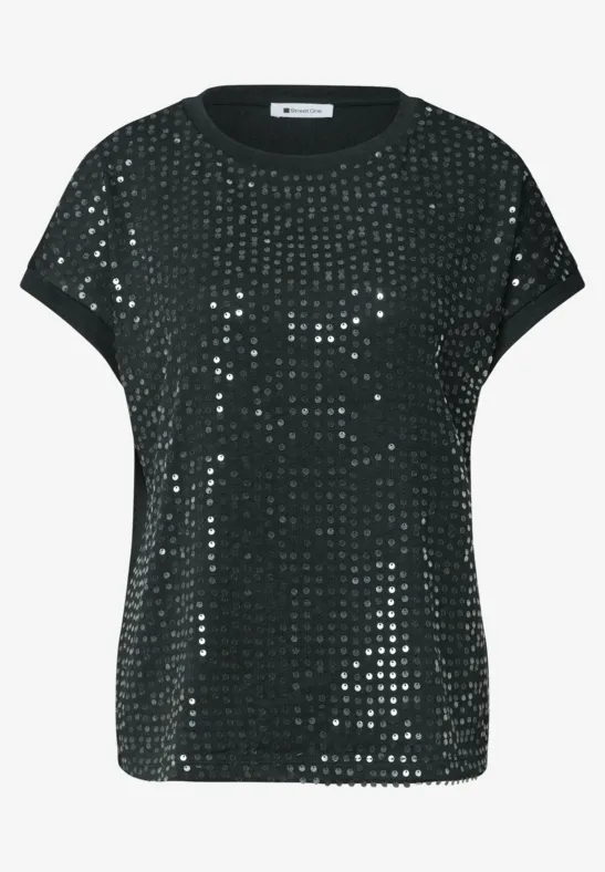 Zwarte T-shirt met korte mouwen en ronde hals, volledig bekleed met glanzende pailletten.