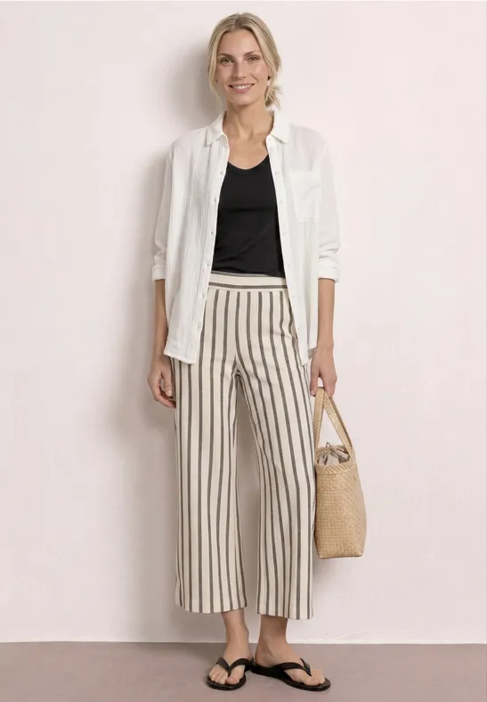 Eine Person trägt ein schwarzes Top, weiße offene Bluse, gestreifte Culottes, schwarze Sandalen und eine Strohtasche.