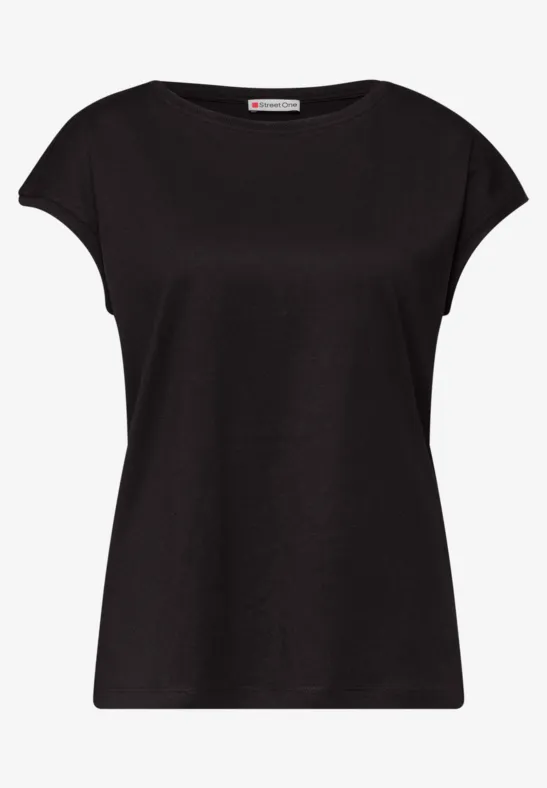 Eenvoudig zwart dames-T-shirt met ronde hals en korte mouwen.