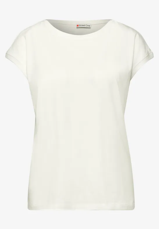 Weißes, schlichtes Damen-T-Shirt mit kurzen Ärmeln und Rundhalsausschnitt