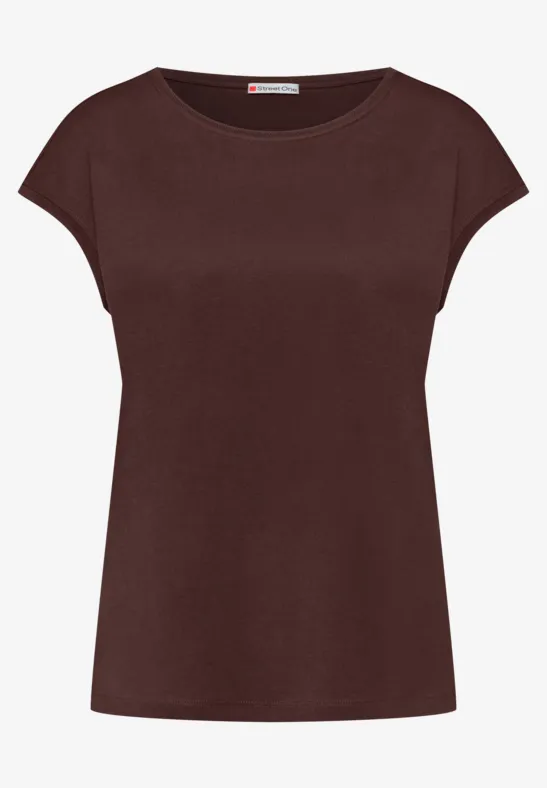 Een eenvoudig bruin dames-T-shirt met ronde hals en korte mouwen.