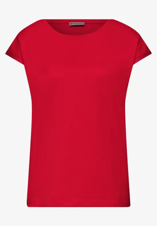Rood dames-T-shirt met korte mouwen en ronde hals op een witte achtergrond.