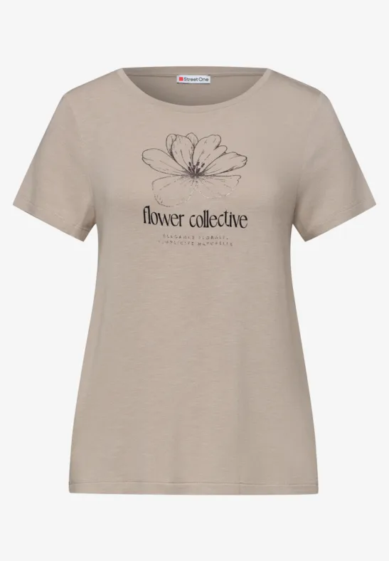 T-shirt beige femme avec dessin floral délicat et inscription "flower collective".