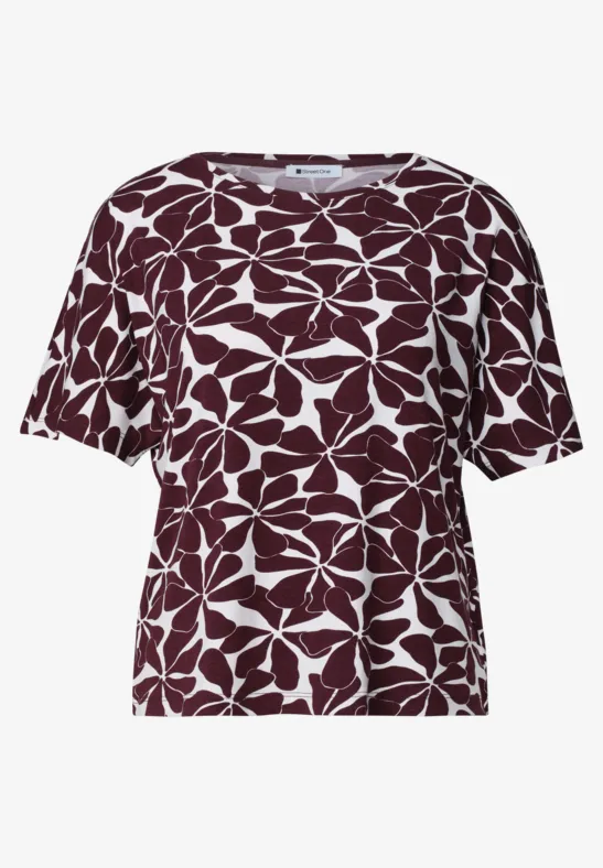 Wit dames T-shirt met korte mouwen en groot bordeaux bloemmotief.