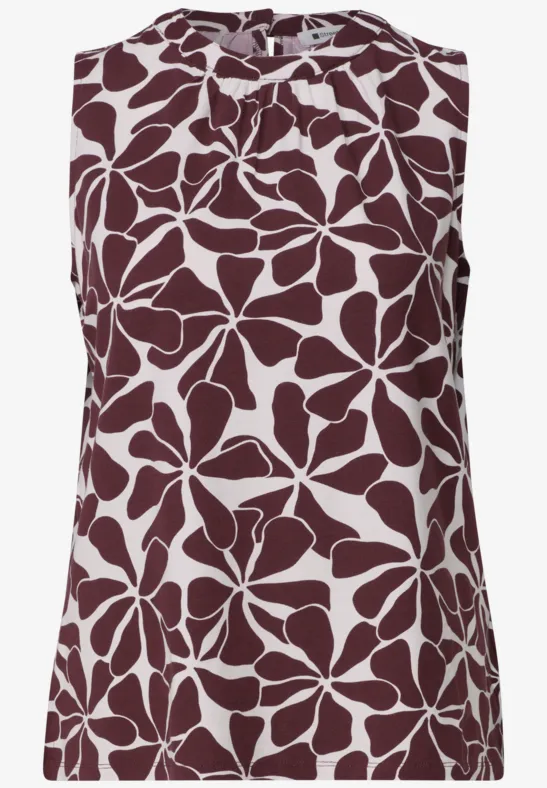 Mouwloze top wit met donkerrood abstract bloemenpatroon
