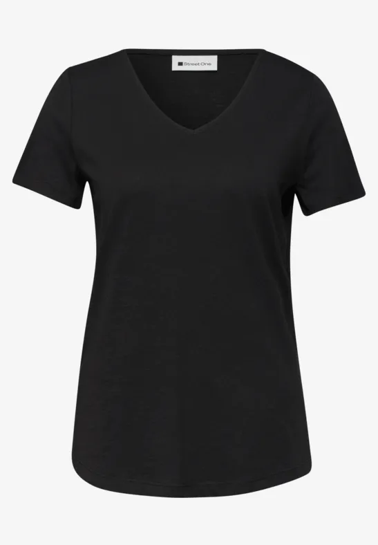 Schwarzes V-Ausschnitt-T-Shirt aus Baumwollmischung mit kurzen Ärmeln und leicht tailliertem Schnitt.