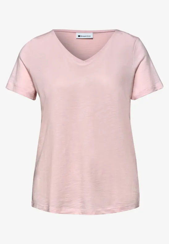 Lichtroze V-hals T-shirt van dunne stof, korte mouwen, losse pasvorm.