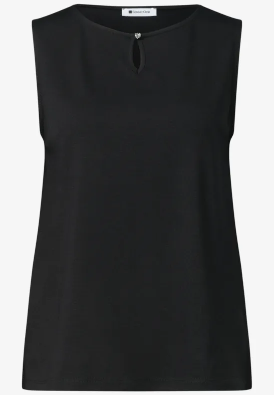 Ärmelloses schwarzes Top mit hohem Ausschnitt und kleinem Schlitz vorne.