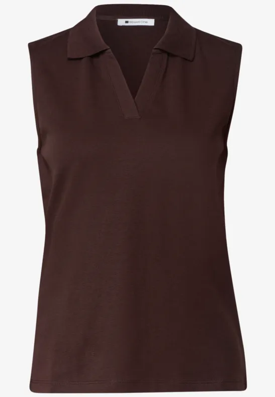Braunes, ärmelloses Damen-Poloshirt mit V-Ausschnitt und klassischem Kragen.