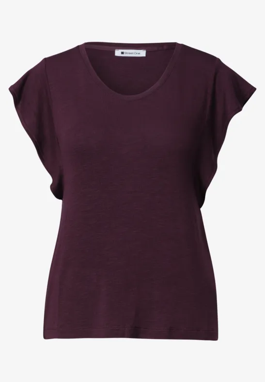 Donkerpaars damesshirt met ronde hals en capmouwen.