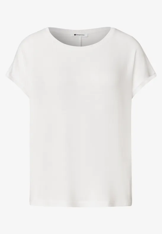 Frontansicht eines schlichten weißen T-Shirts mit kurzen Ärmeln und Rundhalsausschnitt.