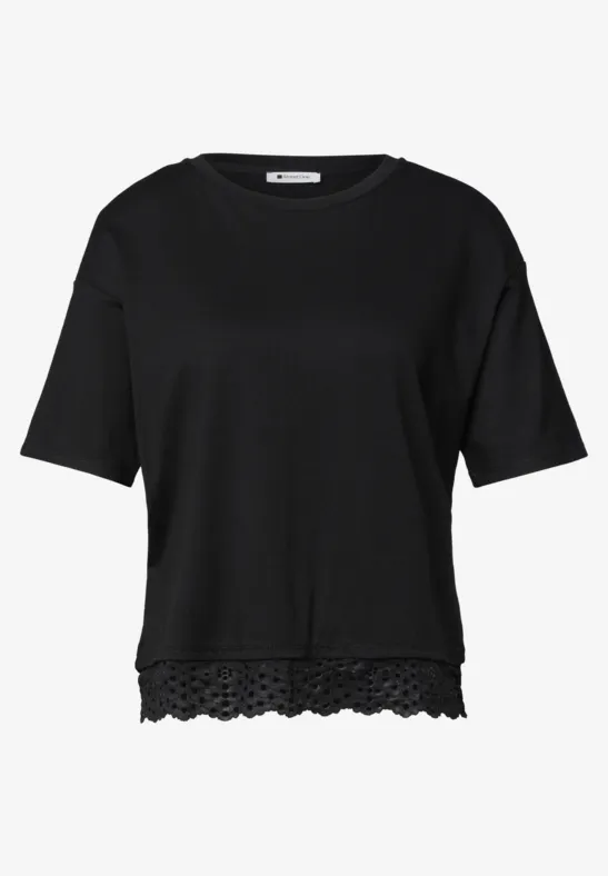 Schwarzes Damen-T-Shirt mit kurzem Schnitt und Spitzenbesatz am Saum