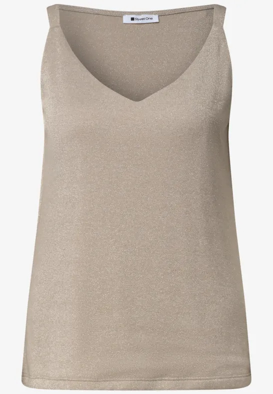 Beige glinsterende dames tanktop met V-hals.