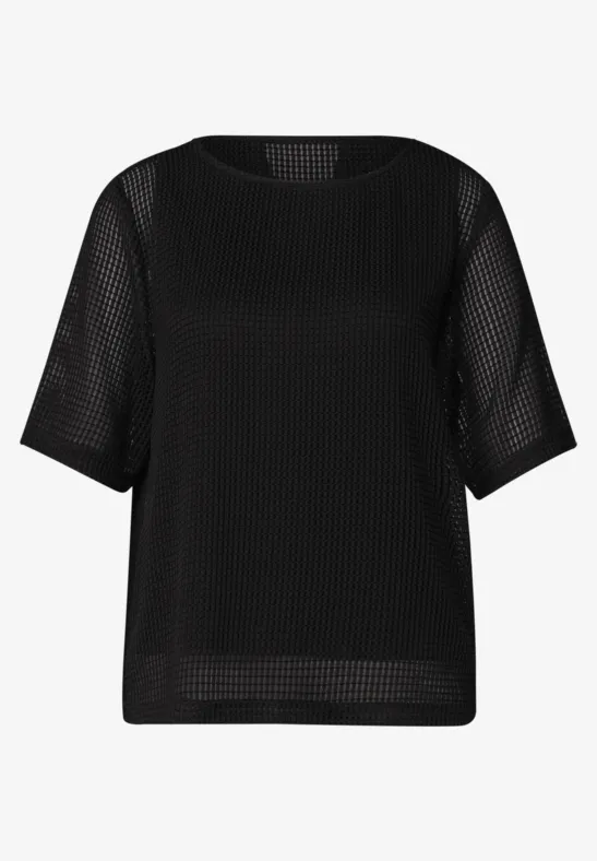 Schwarzes, halbärmeliges Netzshirt mit rundem Ausschnitt