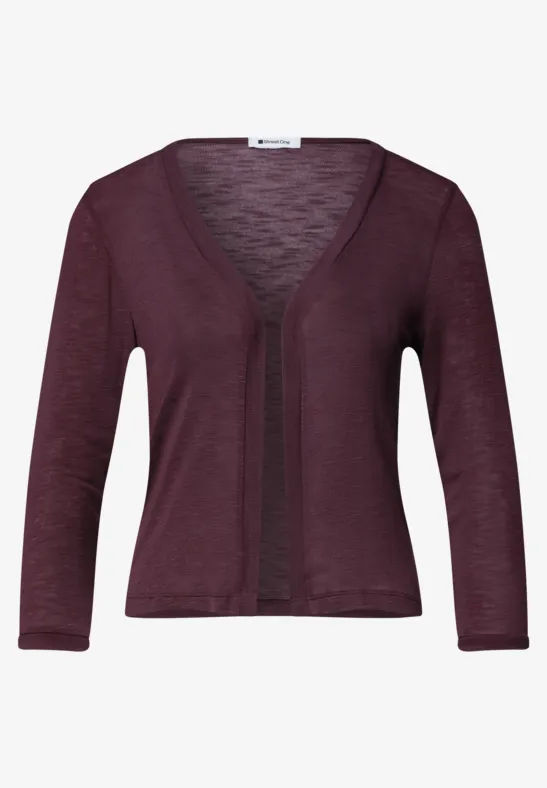 Gilet femme en tricot bordeaux foncé, col V et manches trois-quarts