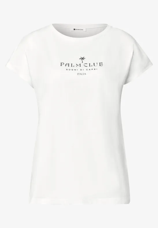Weißes Damen-T-Shirt mit kurzen Ärmeln und Palm Club-Logo auf der Brust.