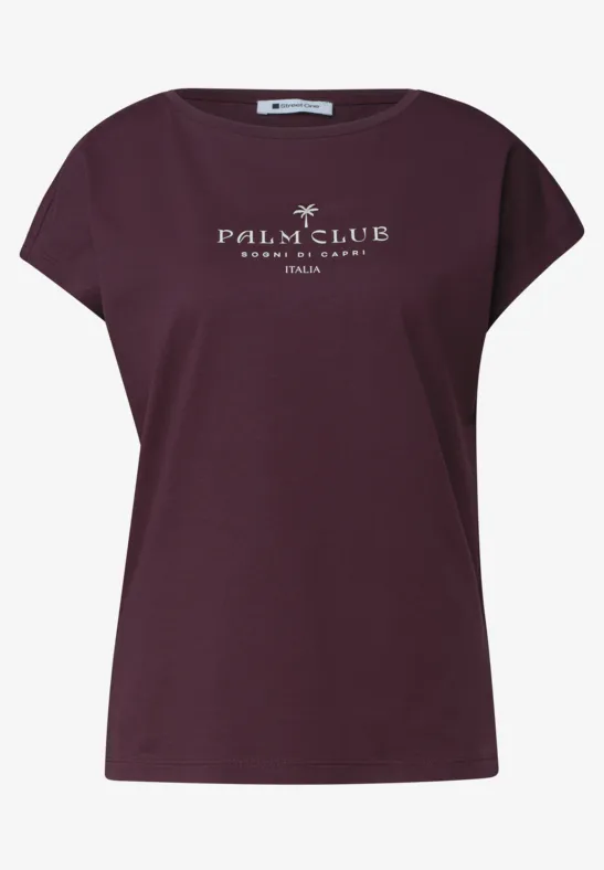 Bordeauxrood dames-T-shirt met doorlopende schouders en witte Palm Club-opdruk voor.