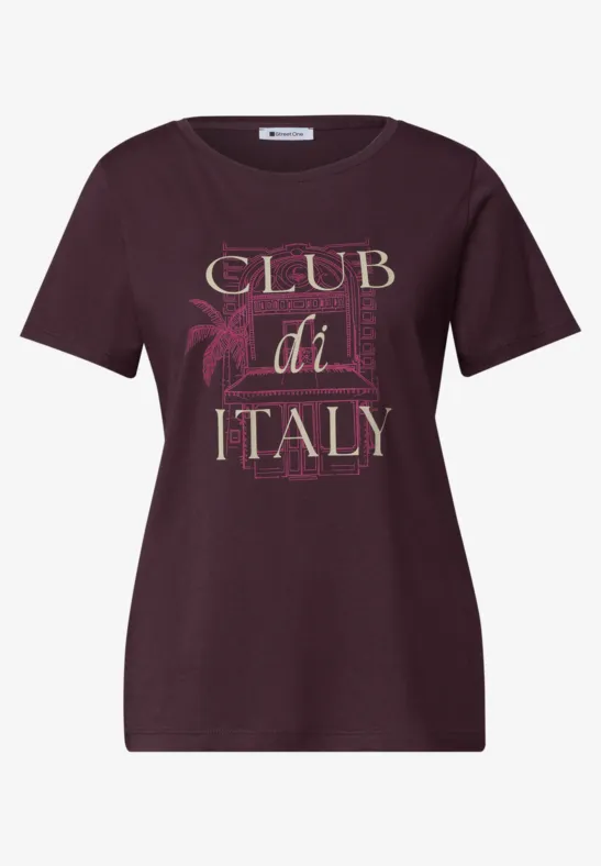 Donker dames-T-shirt met gouden 'Club di Italy'-tekst en palmboomillustratie
