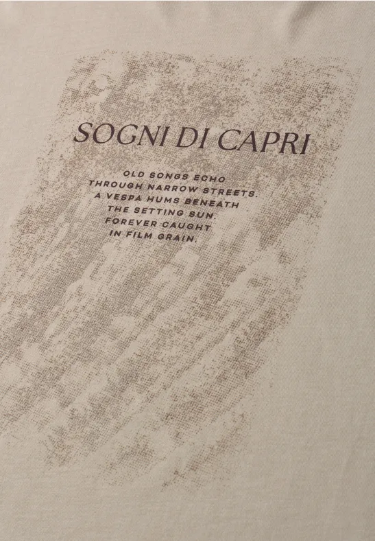 Beige T-shirt met grijze penseelstreek en opdruk 'SOGNI DI CAPRI'.