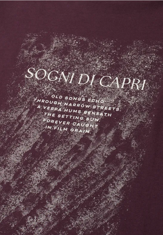 Een donkerrood T-shirt met een wit penseelstreek-design en de tekst 'SOGNI DI CAPRI'.