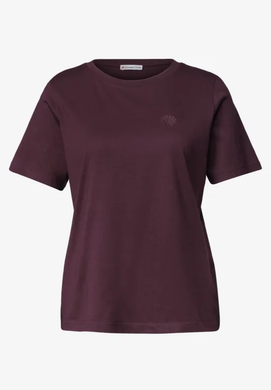 Effen donkerpaars T-shirt met korte mouwen en ronde hals.
