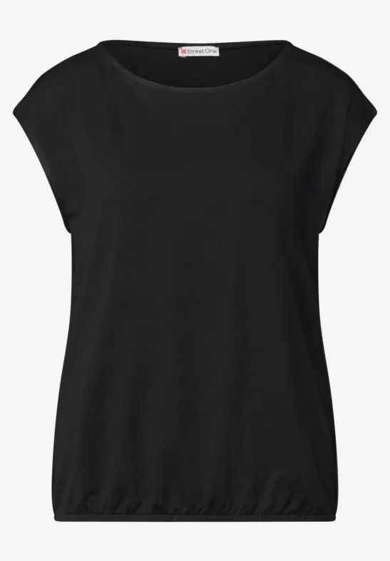 Zwart damesshirt met doorlopende mouwen, ronde hals en elastische zoom.