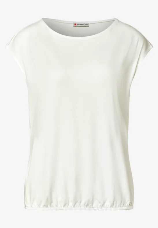 Witte damesshirt met doorlopende korte mouwen, ronde hals en elastische zoom.