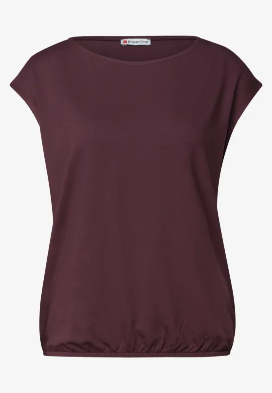 Donkerpaars dames-T-shirt met doorlopende capmouwen, ronde hals en elastische zoom.