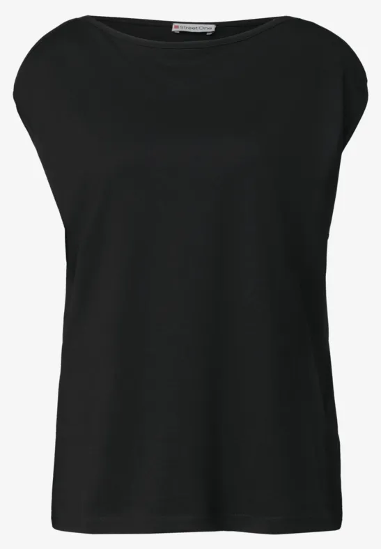 Schwarzes, ärmelloses Damenshirt mit rundem Ausschnitt.