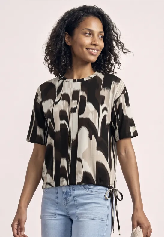 Zwart-wit T-shirt met print, korte mouwen en zijkoord