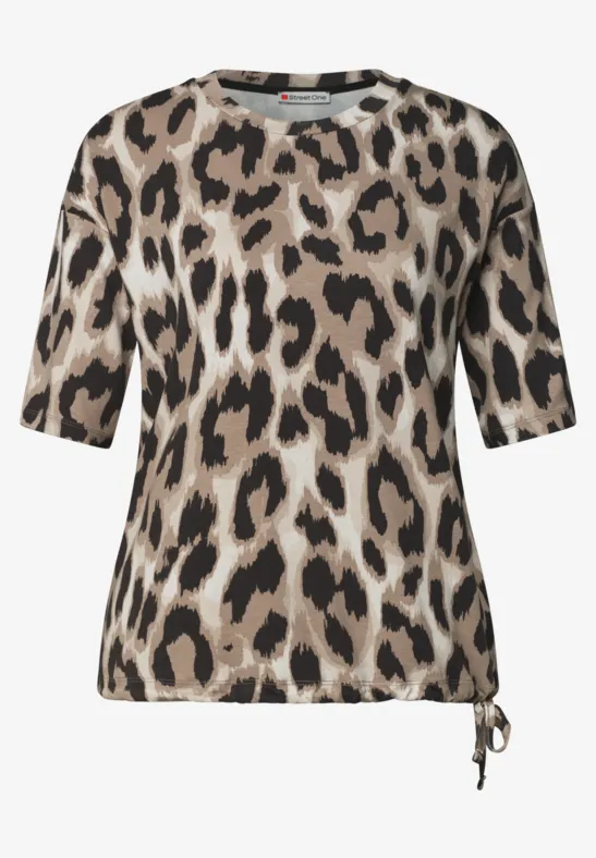 Dames-T-shirt met korte mouwen, luipaardprint, ronde hals en zijkoord, in beige, bruin en zwart.