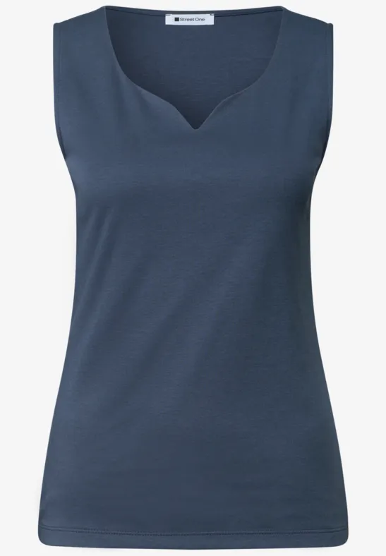 Top sans manches bleu foncé pour femme avec encolure en V discrète.