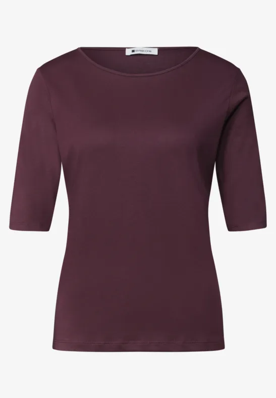 Donkerpaars dames-T-shirt met driekwartmouwen en ronde hals.