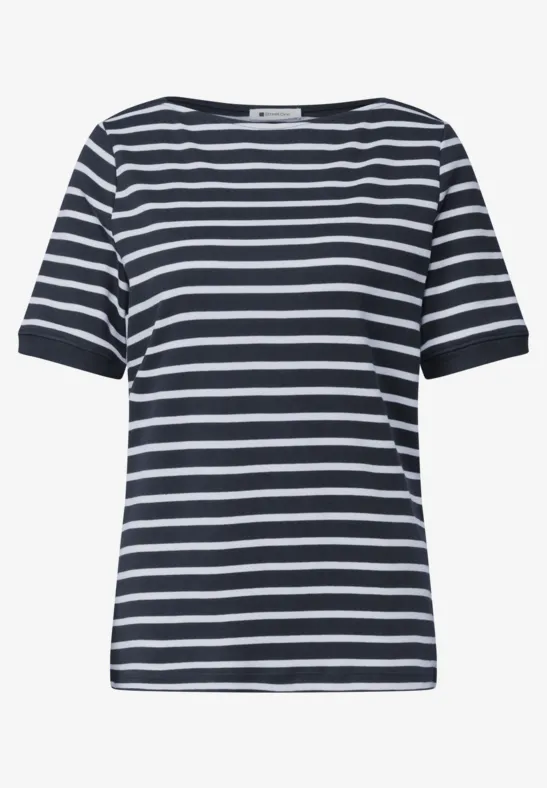 Kort T-shirt met marineblauw-witte strepen en ronde hals, casual stijl.