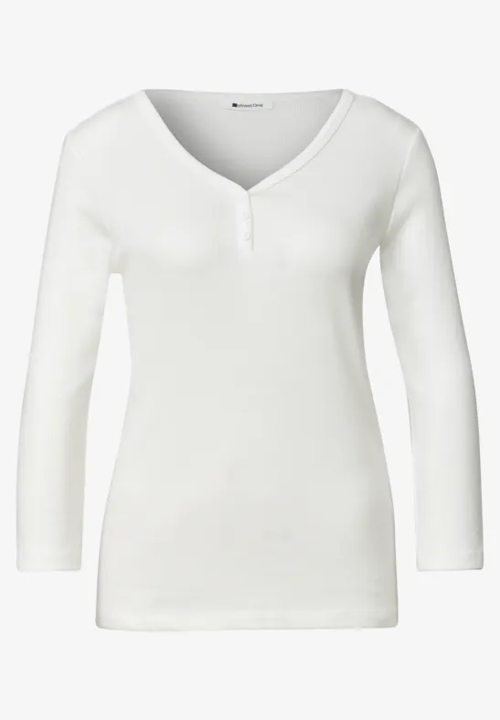 T-shirt blanc à manches longues pour femme, encolure en V et patte de boutonnage