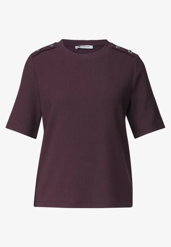 Donkerpaars kort mouw shirt met ronde hals en schouderdetails