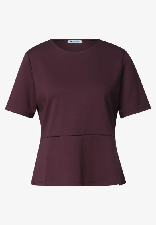 T-shirt femme manches courtes, coupe cintrée, couleur prune foncé avec petit volant en bas.