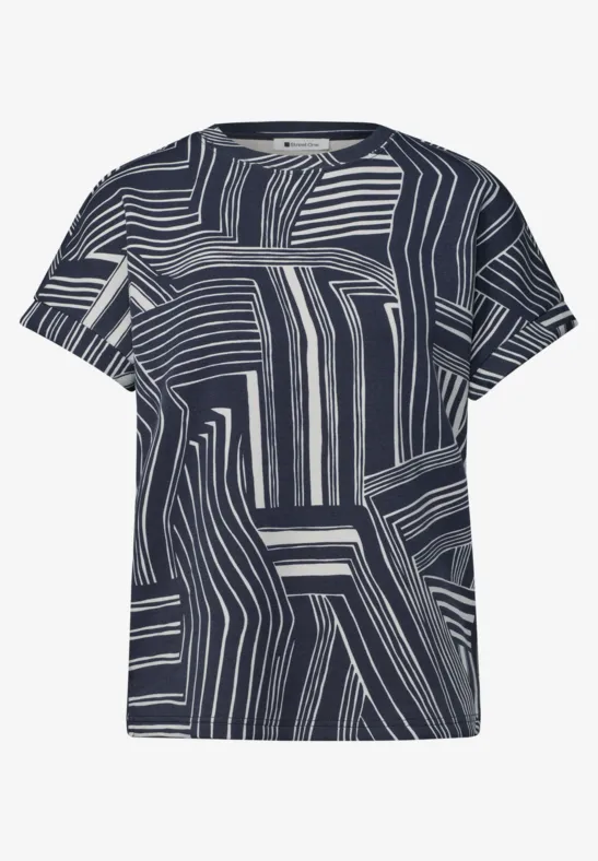 T-shirt bleu marine à motif abstrait de rayures blanches.