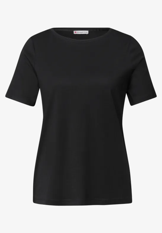 Schwarzes, schlichtes T-Shirt mit kurzen Ärmeln.