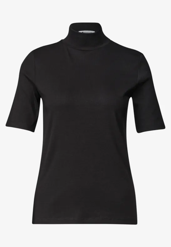 Schwarzes, tailliertes Damen-Top mit halblangen Ärmeln und Stehkragen.