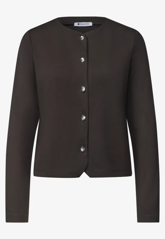Schlichter, dunkelgrauer Cardigan mit Rundhalsausschnitt und silbernen Knöpfen.