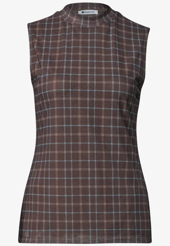 Haut sans manches marron ajusté, motif carreaux bleu clair et blanc, style épuré et moderne.