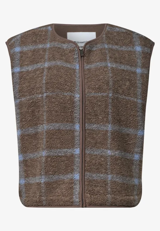 Braune Teddyfleece-Weste mit hellblauem Karomuster, durchgehendem Reißverschluss und Rundhalsausschnitt.
