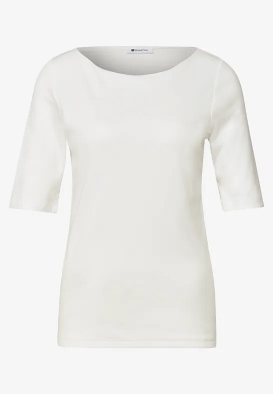 T-shirt femme blanc uni, manches mi-longues et col rond.