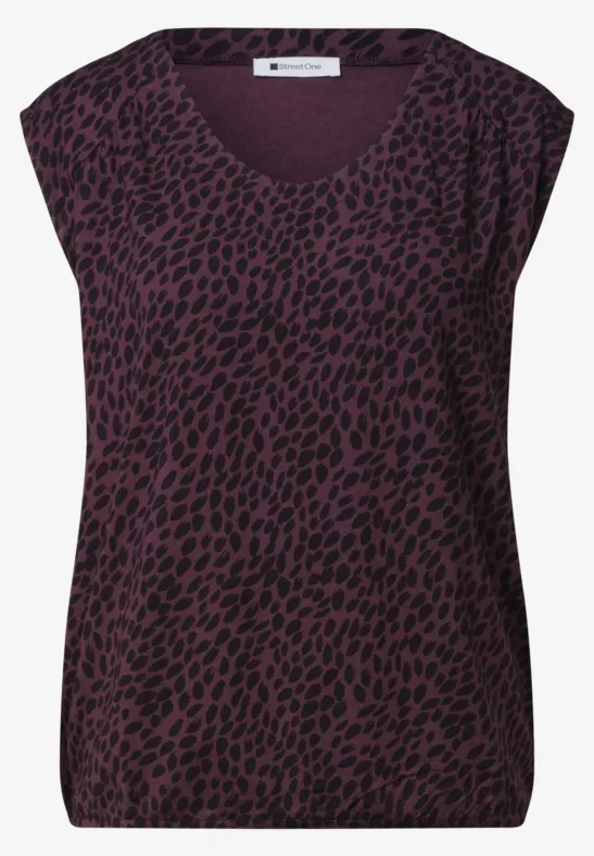 Top femme sans manches à col en V, tissu violet foncé à imprimé léopard noir.